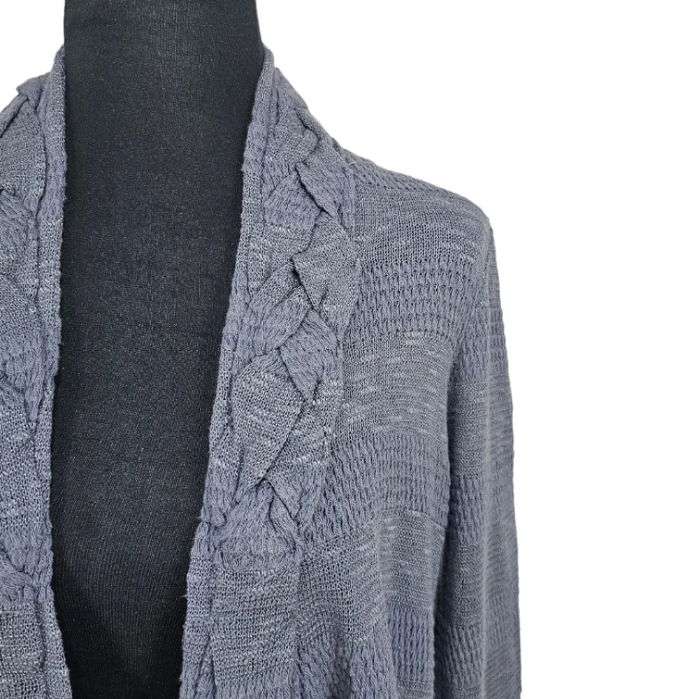 Anthropologie One September Blue Boho Braided Neck Pointelle Knit Open Cardigan
